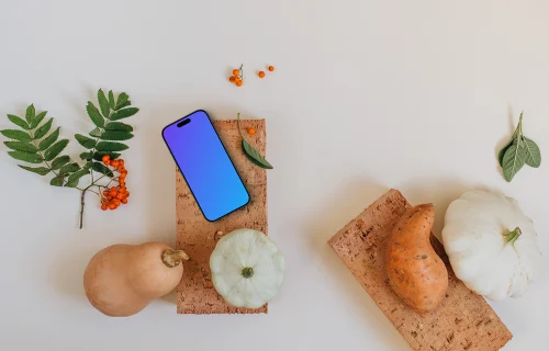 Scène d'automne du smartphone mockup sur la brique