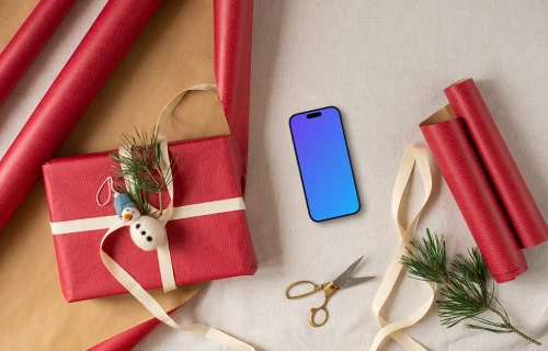 Christmas gift mockup with a smartphone