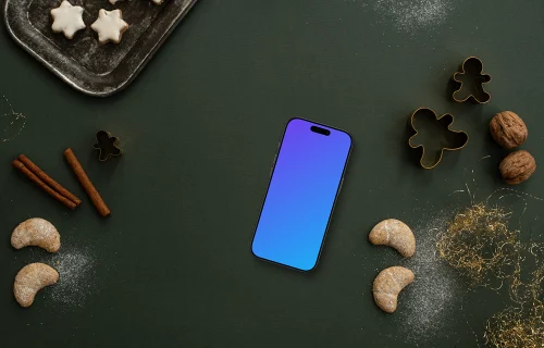 Christmas phone mockup on dark green background