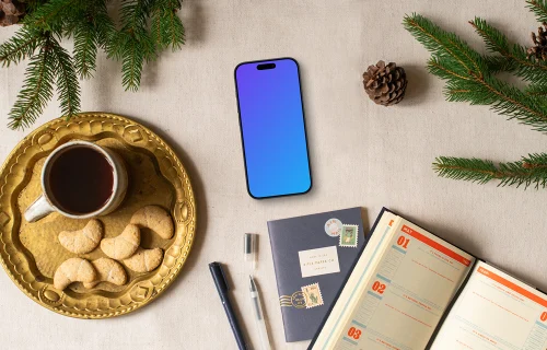 Smartphone navideño mockup con notas al lado