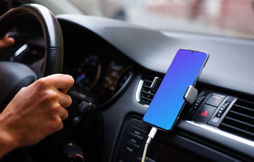 Driving a car with Samsung S20 mockup mounted in car cradle