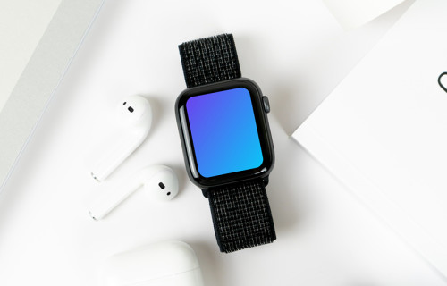 Apple Watch mockup beside airpods