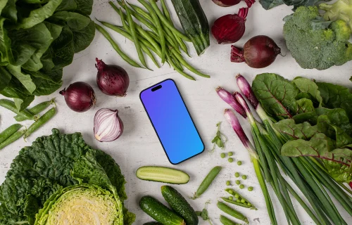 Fresh veggies around Smartphone mockup