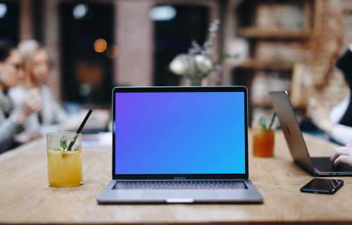 Front view mockup of Macbook Pro in the coffee