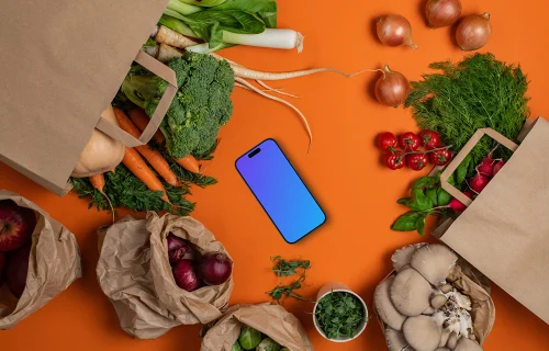 Groceries around phone mockup