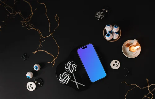 Modèle d'Halloween avec un smartphone mockup sur fond sombre