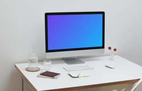 iMac mockup configuración del espacio de trabajo con escritorio y silla