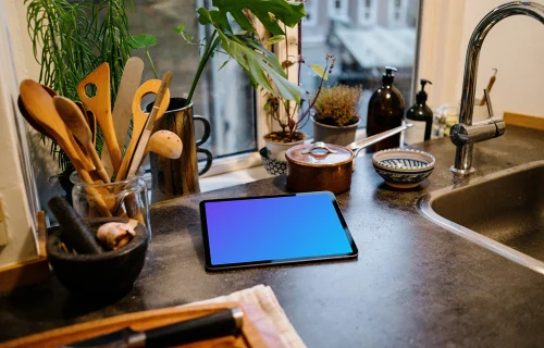 iPad Air mockup on an iPad stand in a kitchen