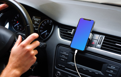 iPhone 11 mockup mounted next to car driver for navigation