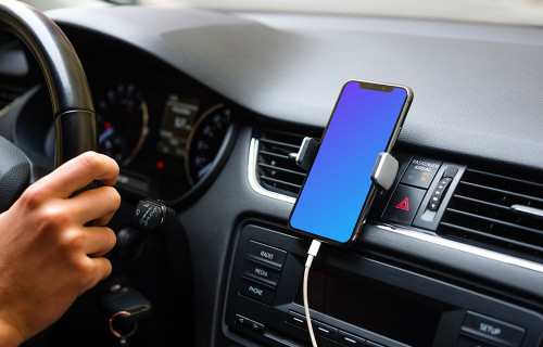 iPhone 11 mockup mounted on car dashboard with driver