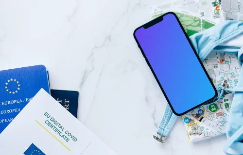 iPhone 12 Pro mockup colocado en los documentos de viaje europeos