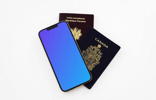 iPhone 13 mockup placed on two passports 