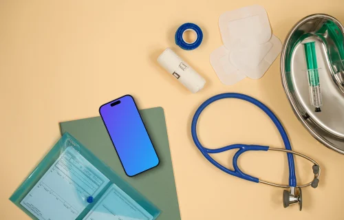 iPhone mockup surrounded by medical essentials