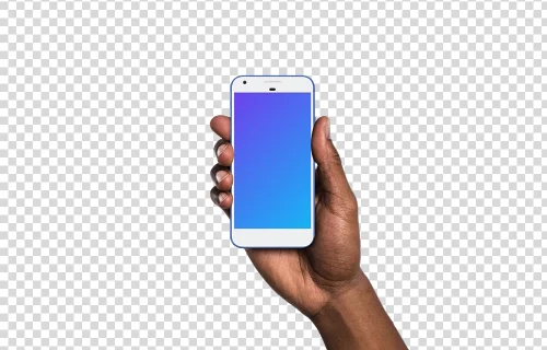 Hombre sosteniendo Google Pixel Realmente Azul mockup (Piel Negra)