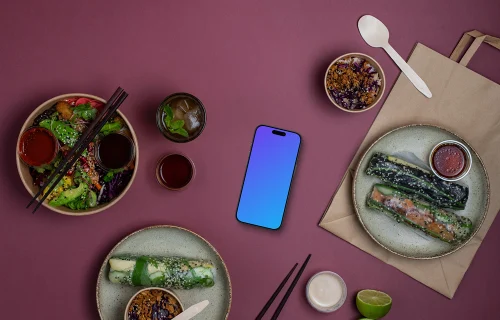 Phone mockup with Asian food