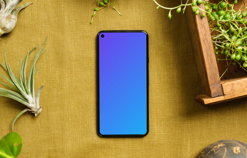 Pixel 5 mockup en una mesa de cocina