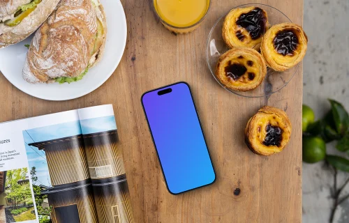 Smartphone mockup sur une table de petit-déjeuner