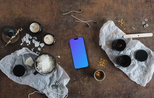 Smartphone mockup on the table with christmas decoration