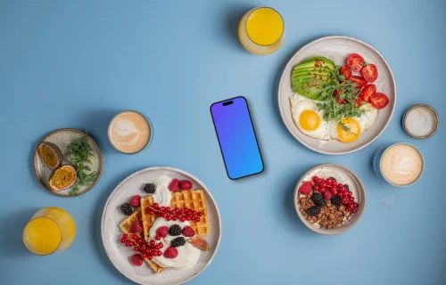 Smartphone mockup surrounded by breakfast