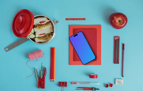 Smartphone mockup avec une boîte à lunch sur le côté