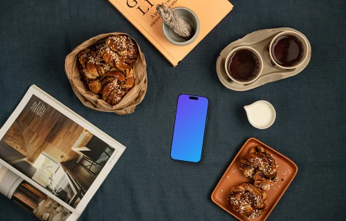 Smartphone mockup avec café et pâtisseries