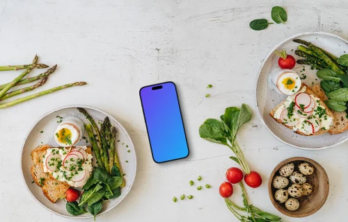 Smartphone mockup avec le petit déjeuner de Pâques