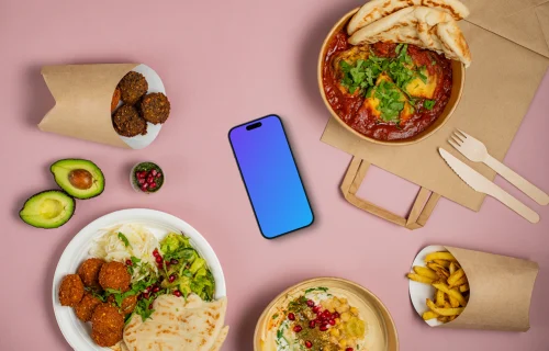 Smartphone mockup with middle eastern food