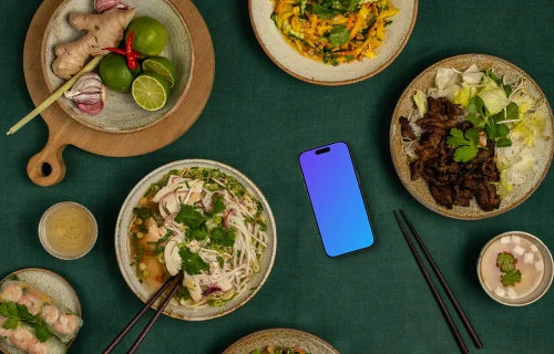 Smartphone mockup avec de la nourriture vietnamienne