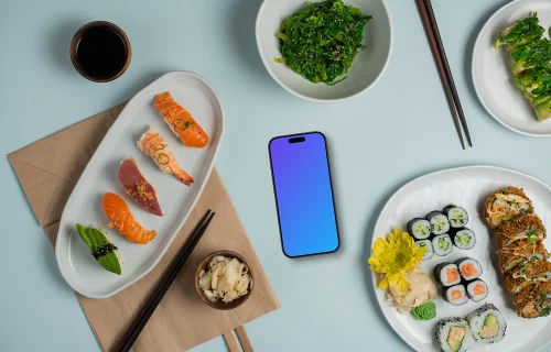 Sushi autour du smartphone mockup