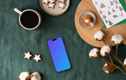 Top view of christmas table with smartphone