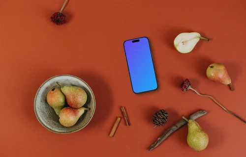 Vue de dessus du téléphone mockup sur fond orange foncé