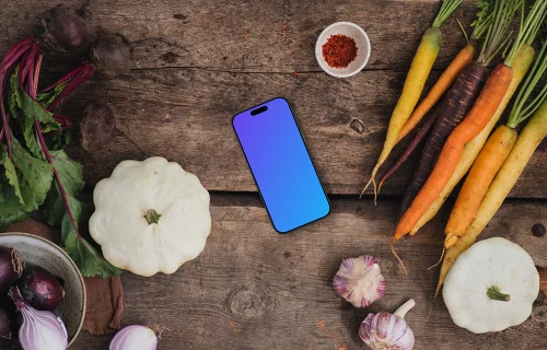 Vue de dessus du téléphone mockup sur la table en bois