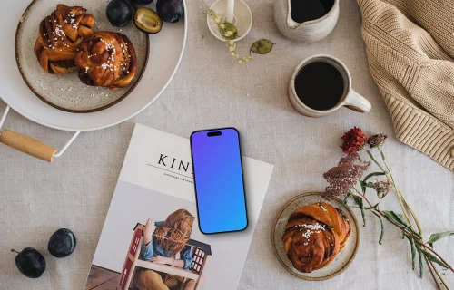 Vue de dessus du smartphone mockup sur la table à manger