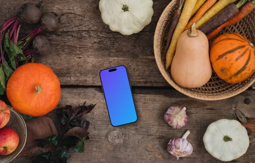 Top view of smartphone mockup on the kitchen desk