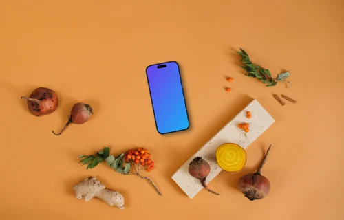 Vue de dessus du smartphone mockup sur fond orange