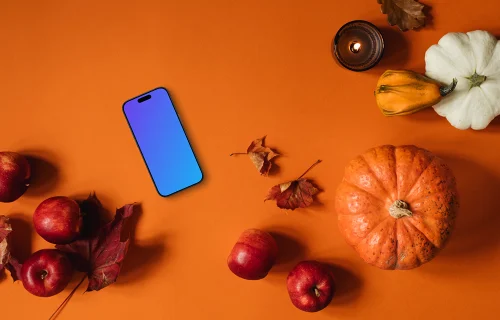 Vista superior del smartphone mockup con adornos de halloween