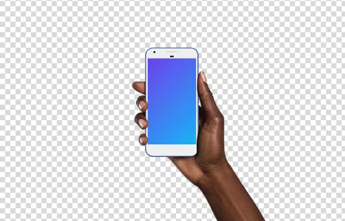 Mulher segurando o Google Pixel realmente azul mockup (pele preta)