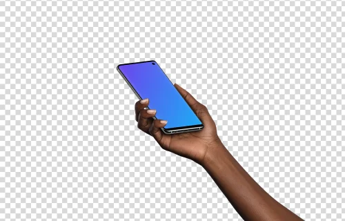 Mulher segurando o Samsung Galaxy S10 mockup (Perspectiva - Transparente)