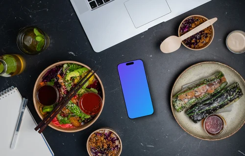 Asian food from delivery with Smartphone mockup
