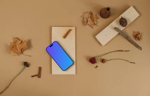 Autumn scene with smartphone mockup on the brick