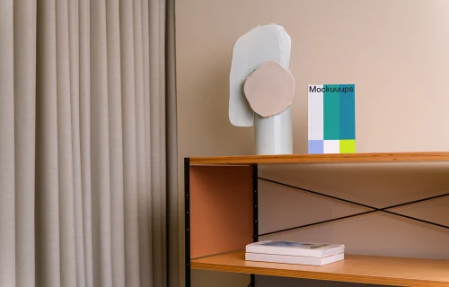 B-format book mockup on a modern wooden shelf