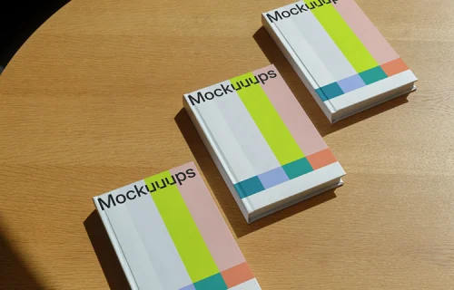 B-format book mockup on a round wooden table in natural light