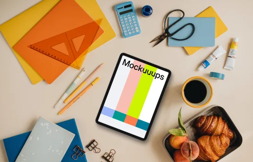 Back to school mockup with tablet and lunch box