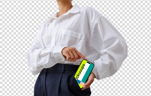 Businesswoman with an iPhone mockup in her pocket