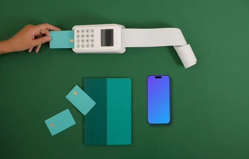 Card payment terminal and an iPhone mockup