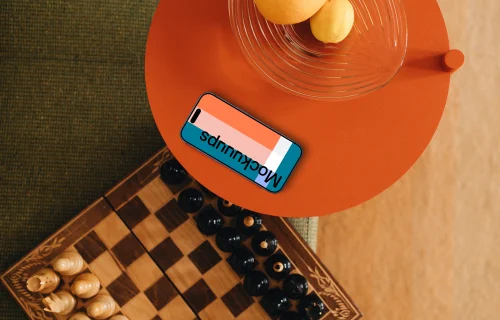 Chess board next to the iPhone mockup