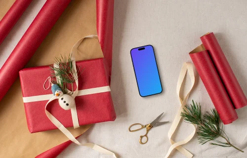 Christmas gift mockup with a smartphone