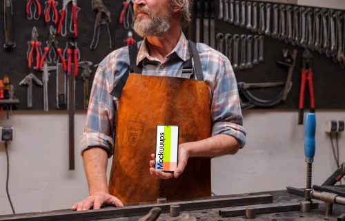Crafter holding a Google Pixel mockup in the workshop