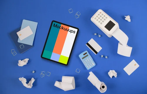 Credit card, payment terminal and an iPad mockup