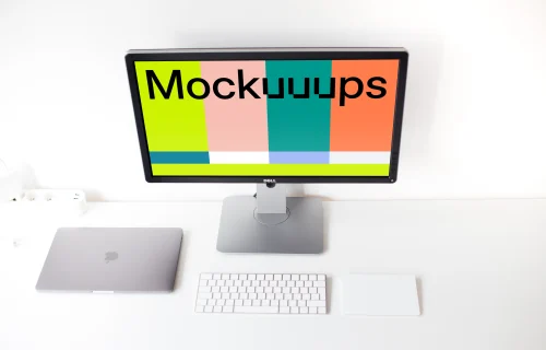 Display mockup with closed Macbook Pro